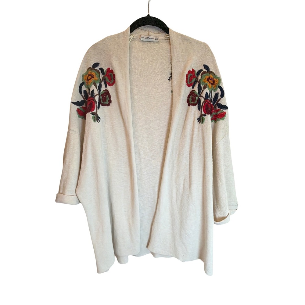 Zara Knit Floral Embroidered Open Front Cardigan Cream Oversized Boho Sweater M